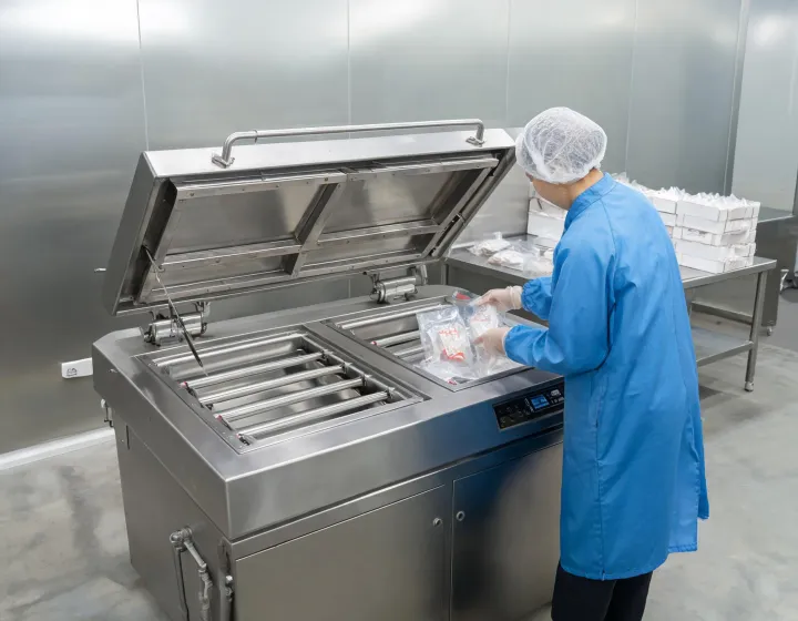 Double-chamber vacuum packaging machine with seal bars in a food plant